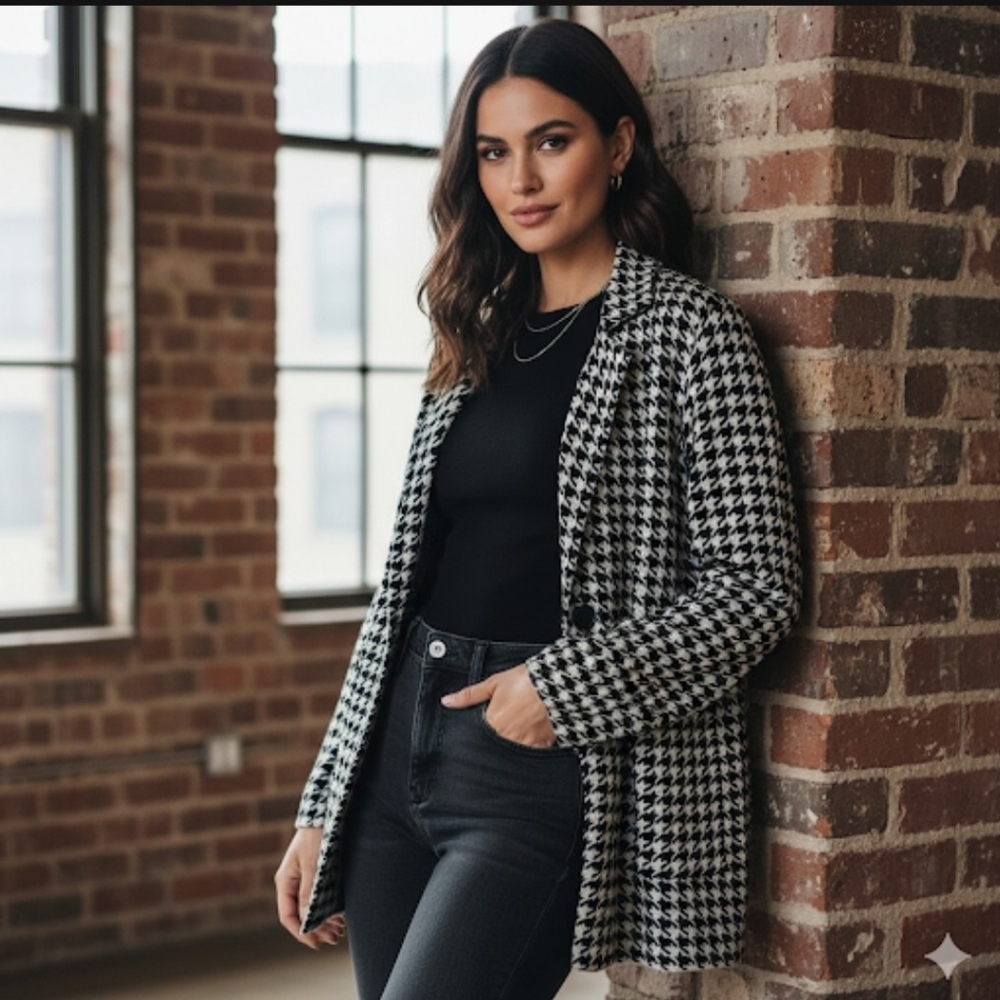 Max Studio Vintage Knit Black Houndstooth Unconstructed Blazer In Cream Black S.